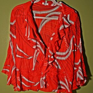 Beautiful red sheer semi button down w/ruffles top